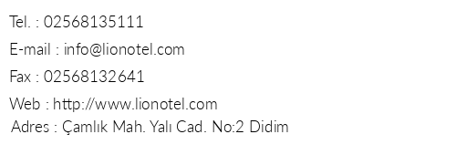 Lion Otel telefon numaralar, faks, e-mail, posta adresi ve iletiim bilgileri